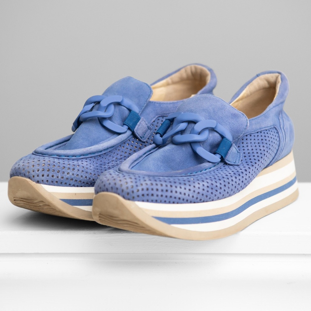 Softwaves Cadie Platform Loafers Chain Detail Blue Suede Chunky Mod Maximalist